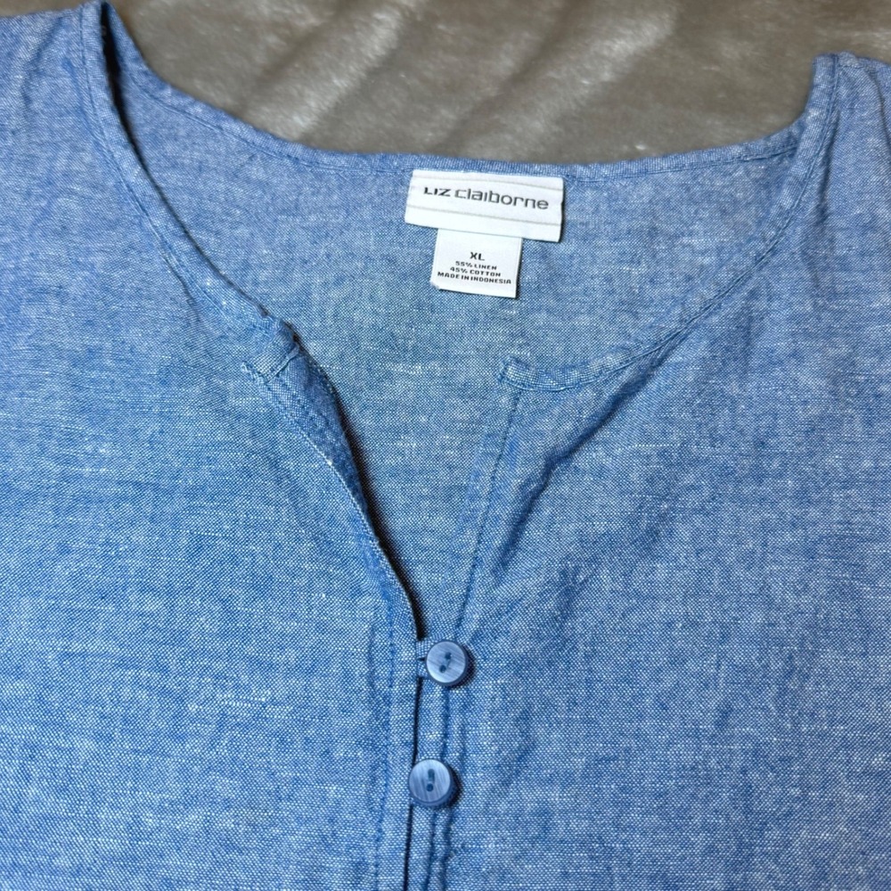 Liz Claiborne Womens Size XL Blue Linen Blend Peasant Blouse Roll Tie Sleeve Top - Picture 5 of 10